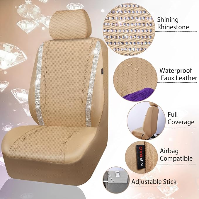 CAR PASS Leather Bling Diamond Car Seat Covers 2 Front Interior Sets, Waterproof Universal Shining Glitter Crystal Sparkle Fit for 95% Automotive Truck SUV Cute Women Girl, Beige Rhinestone - Image 3