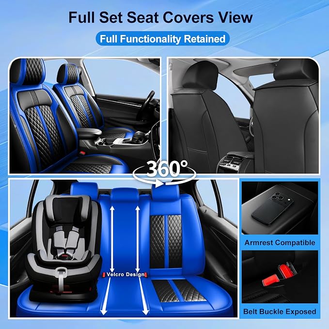 Fit Patriot Seat Covers Custom Fit for Jeep Patriot 2007-2017, Full Set | Premium Leather Full Coverage Protectors, Waterproof, Breathable, Scratch Resistant, Easy Wipe, Airbag Compatible, Black+Blue - Image 2