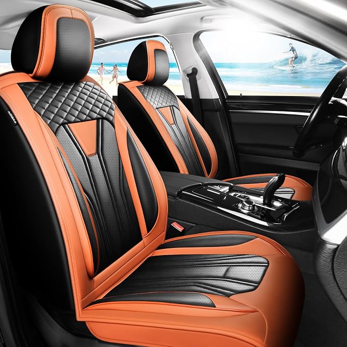 Fit CHR Premium Leather Car Seat Covers for Toyota CHR 2018-2021 2022 - Waterproof，Breathable，All-Weather Seat Cushion Protecto & Airbag Compatible, Full Set Orange&Black by Unknown
