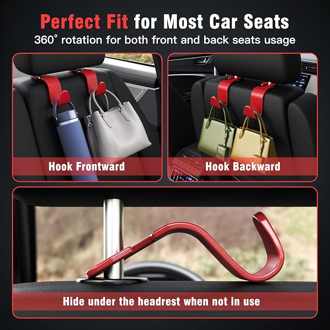 4-Pack Car Headrest Hooks Holds 55lbs Seat Storage Organizer for Bags | Durable ABS Material, 360° Rotating, Car Hanger for Backpack Umbrella Water Bottle Coat Purses Handbags Groceries, Red - Image 4