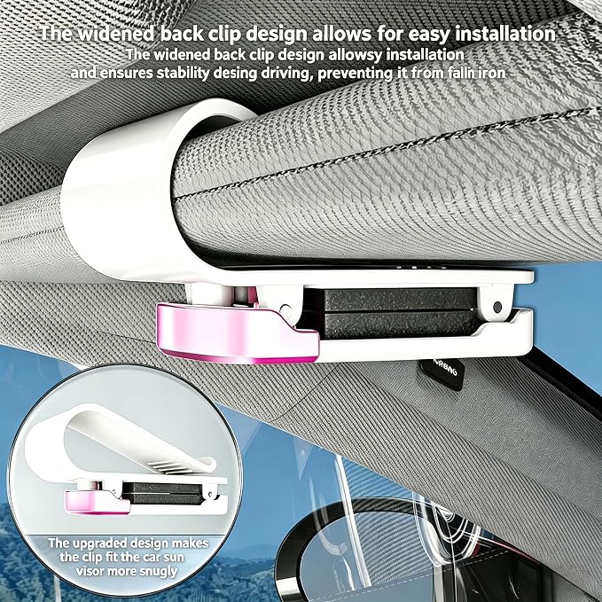2 Pack Sunglass Holder for Car Visor, Soft Sponge Protection, Snap-On, Pink | Cute Pink&White Car Accessories, No-tool install, universal fit, tidy interior, protect glasses, for sunglasses & eyeglasses - Image 8