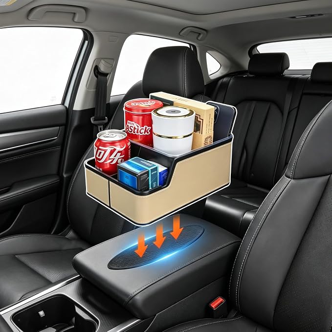 Car Seat Organizer with Compartment,Small Caddy for Car Beige | Armrest Extra Storage Box,Car Front & Back Seat Floor Organizer,Console Organizer Cup Holder for Cars SUVs Pickup Van Truck - Image 4
