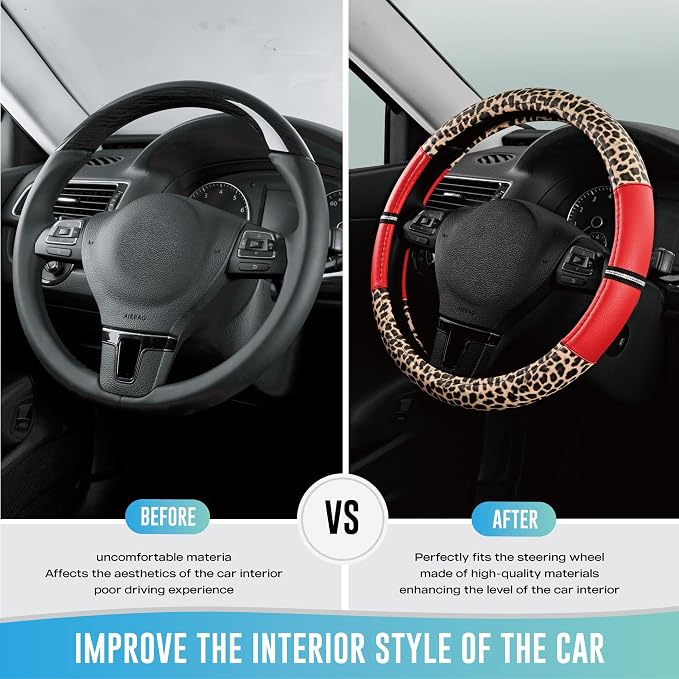 Road Comforts Leopard Steering Wheel Cover for Women, Cute Anti-Slip Microfiber Leather, Universal Fit 14.5-15 Inch Round Steering Wheel - Red - Image 3