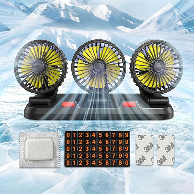 12V Car Cooling Three-Head Fan, 360° Rotation, 2-Speed Adjustable, Low Noise, Portable Fan for SUV, RV, Vehicle, Boat, Golf Cart with 51-Inch Cord - Image 5