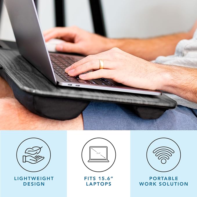 LAPGEAR Home Office Lap Desk – Gray Woodgrain, Fits 15.6” Laptops | Built-In Mouse Pad & Phone Slot, Integrated Device Ledge, Dual-Bolster Microbead Cushion, Carry Handle - Image 2