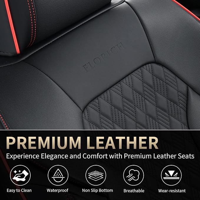 Seat Covers, Car Seat Covers Full Set, Luxury Nappa Leather Seat Covers, Breathable and Waterproof Car Seat Protector 5 Seat, Automotive Seat Covers Universal Fit for Most Cars-BlackRedline - Image 7