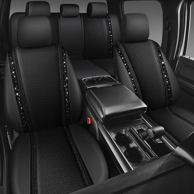 CAR PASS Memory Foam 3D Mesh Bling Diamond Car Seat Cover Full Set Breathable Soft Sponge Universal Shining Glitter Sparkly Crystal Armrest Fit Automotive Truck SUV Cute Women Girl, Black Rhinestone - Image 7