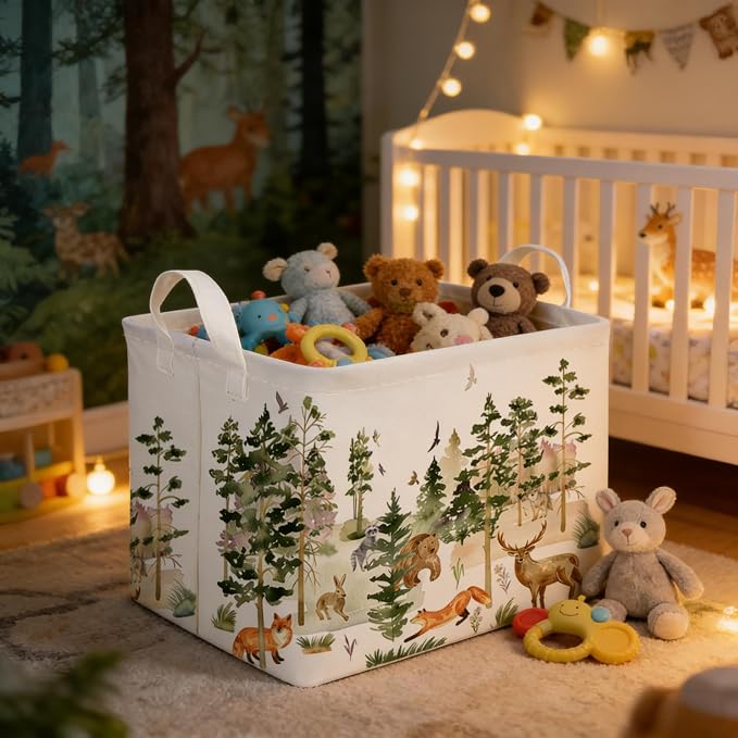 Rectangular Woodland Animal Basket Storage Basket,Bear Fox Gift Box Bin Shelf Book Woodland Room Decor,Gift Baskets(Tree animals) - Image 2