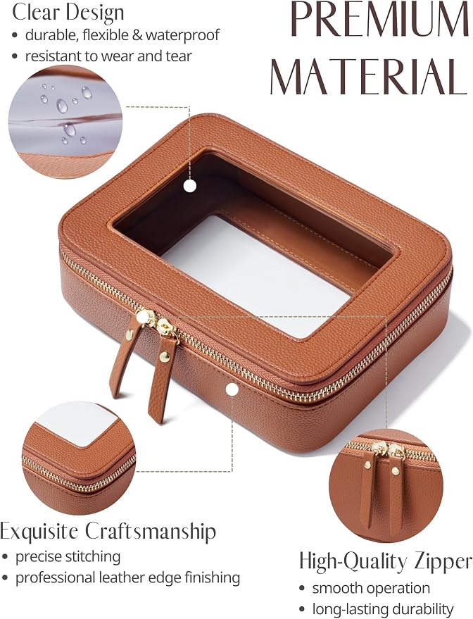 Clear Makeup Case Toiletry Bag Travel Medium Clear Cosmetic Bag with Zipper, Make Up Bag Organizer Traveling TSA Approved Transparent Bag Car for Essentials, Mini & Medium, Brown - Image 3