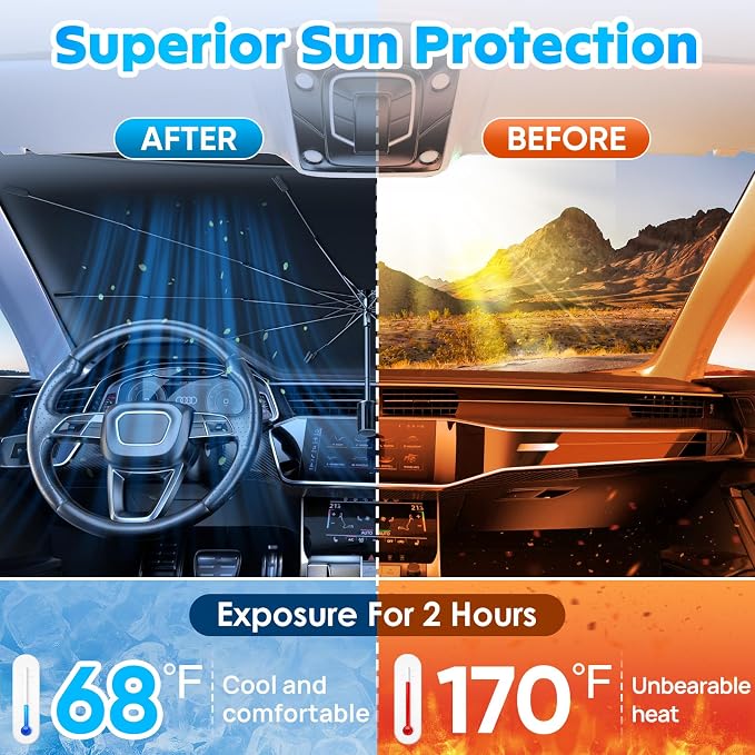 2026 Car Windshield Sun Shade Umbrella, Foldable Car Sunshade with UV Block | Car Front Window Shield, Heat Insulation Protection, 360° Rotation Handle, Storage Bag, Fits SUV Hatchback & MPV (55" x 32”) - Image 3