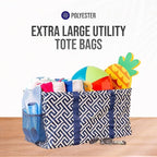 Extra Large Utility Tote Bag - Oversized Collapsible Reusable Wire Frame Rectangular Canvas Basket With Two Exterior Pockets For Beach, Pool, Laundry, Car Trunk, Storage - Geo Navy Blue - Image 7