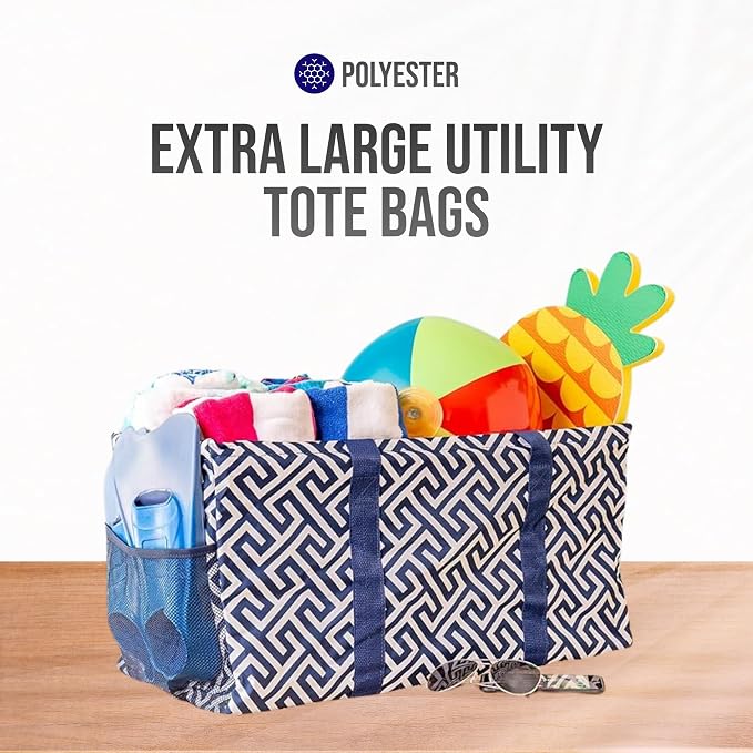 Extra Large Utility Tote Bag - Oversized Collapsible Reusable Wire Frame Rectangular Canvas Basket With Two Exterior Pockets For Beach, Pool, Laundry, Car Trunk, Storage - Geo Navy Blue - Image 7