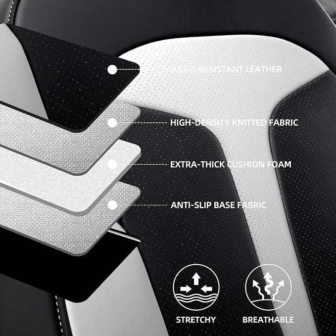 Custom Seat Covers for 2025 2026 Tesla Model Y Juniper 5-Seater Black+White | Waterproof Breathable Nappa Leather, OEM Factory Style Full Set, Full Coverage Design with Armrest Covers, Airbag Compatible - Image 6