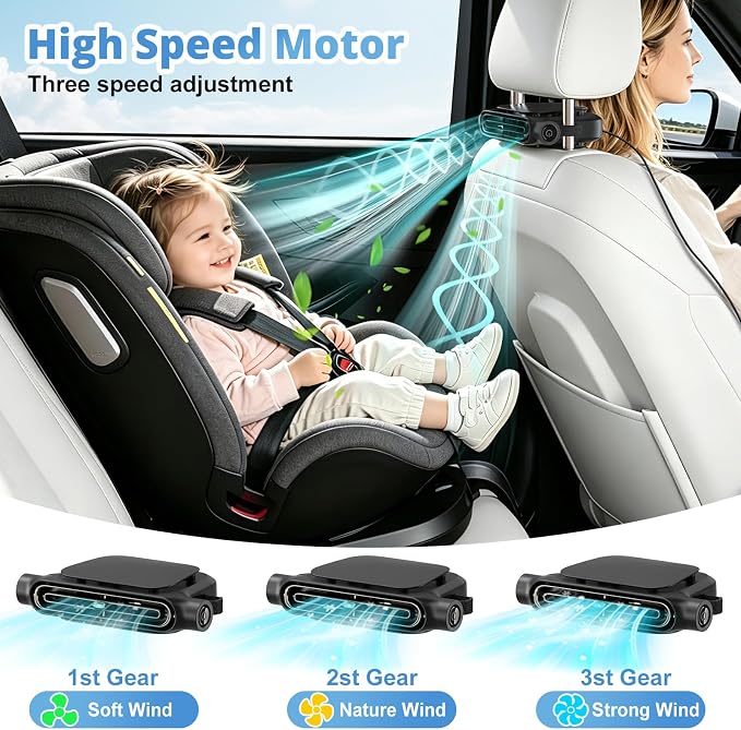 USB Car Seat Fan for Backseat - 3 Speeds (No Battery, Not Rechargeable) | Quiet Mini Portable Neck Fan for Car Accessories, Cooling Fans for Baby Kids Rear Facing, Carseat Fan for Jeep SUV Van Truck - Image 6