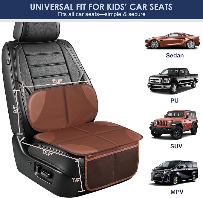 Sinvitron Car Seat Protector for Kids, Anti-Slip Thick Padding, Seat Mark Protection, 2 Storage Pockets for Toys & Snacks, Universal Fit for Most Vehicles (Brown, 1 Pack) - Image 2