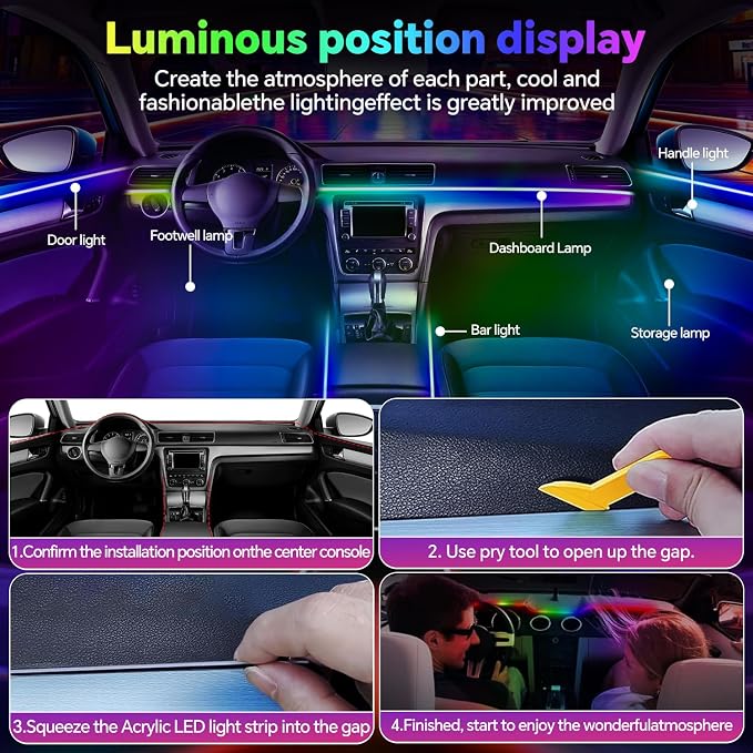 Dream Color Acrylic Interior Car Ambient Light Kit, Bphuny 22 in 1 593 LEDs Fiber Optic Multiple Modes Decoration Atmosphere Lights with Music Dynamic Rainbow Rhythm, RGB Neon Lights for All Cars - Image 5