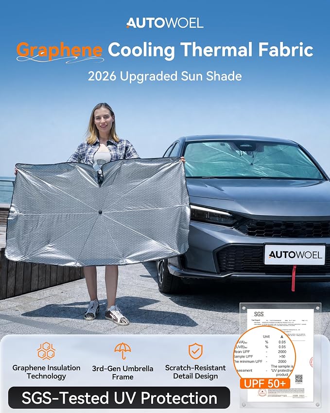 Windshield Sun Shade Umbrella, 56.3 x 30.7 in, Foldable, Graphene | Graphene-Coated UV Heat Blocker, for Cars SUVs Trucks and Vans, Storage Pouch Included, Flexible Interior-Safe Frame - Image 2