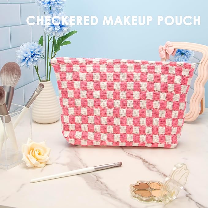 PAZIMIIK Checkered Makeup Bag for Purse, Small Flat Cosmetic Pouch,Pink | Cute Zipper Makeup Organizer for Women, Travel Essentials, Toiletries, Makeup Brushes, Beauty Accessories&Bridesmaid Gifts - Image 2
