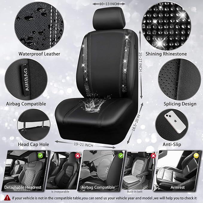 CAR PASS Leather Bling Diamond Car Seat Covers 2 Front Interior Sets, Waterproof Universal Shining Glitter Crystal Sparkle Fit for 95% Automotive Truck SUV Cute Women Girl, Black Rhinestone - Image 3