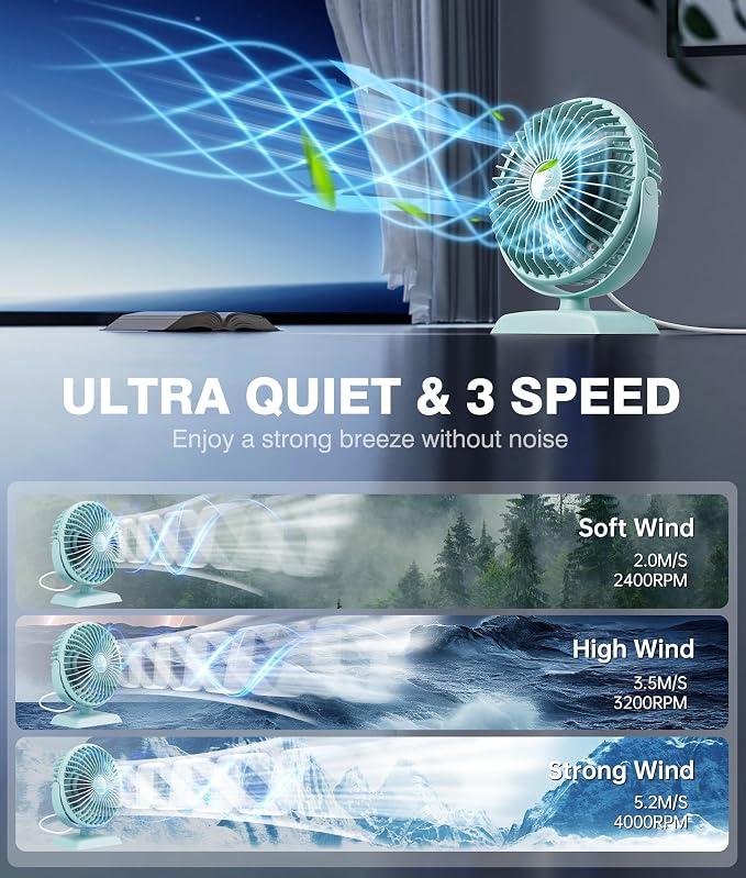 JZCreater USB Desk Fan, USB Fan Mini, 360 Rotation Desktop Fan with 3 Speed, Table Personal Cooling Fan, Quiet Mini Desk Fan, USB Powered, Small Fan for Home Office Bedroom Car Travel,Green - Image 3