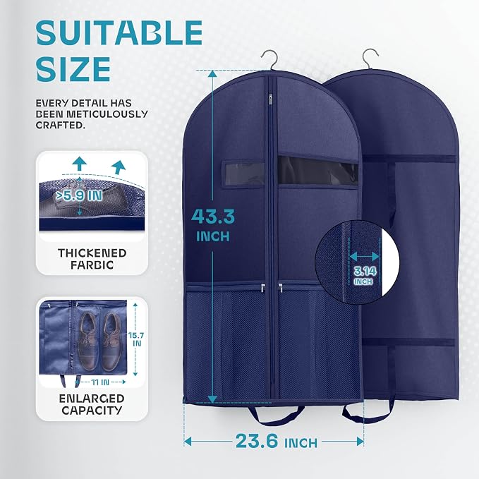 Lazebox 43" Travel Garment Bag with Accessories Zipper Pocket, Heavy Duty Suit Bag for Suits, Tuxedos, Dresses, Coats, Blue, 1 pack - Image 3