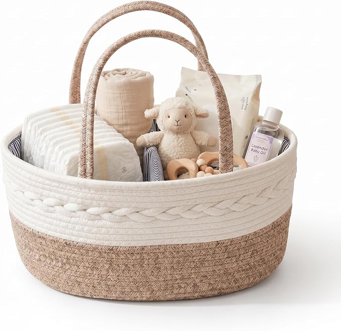 Baby Diaper Caddy Organizer with Removable Compartments, 14.2"L x 7"W x 8.7"H, 100% Handmade Woven Cotton Rope, Portable Nursery Storage Basket for Car and Changing Table, Shower Newborn Gift by Unknown