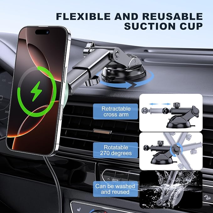 for Mag-Safe Car Mount Charger Dash Windshield Vent Magnetic Phone Holder | Wireless Car Charger with LED Light Car Phone Holder for iPhone 17 16 15 14 13 12 Series for MagSafe Green - Image 5