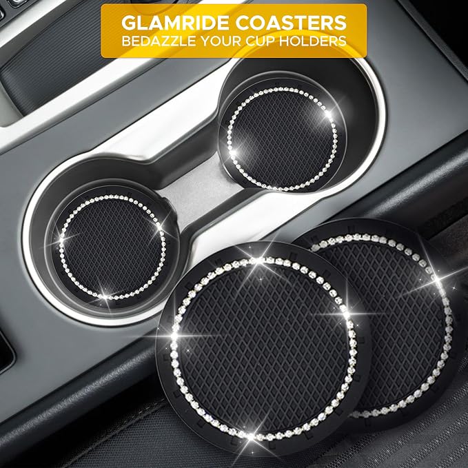 EcoNour Bling Cup Holder Insert (2 Pack) with Push Start Button Ring | (1 Pack) 2.75 Inch Silicone Coaster Pad and 1.5 Inch Ring with Elegant Crystal Rhinestone | Car Interior Accessories (Black) - Image 4