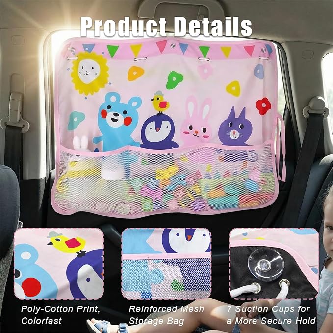 Car Window Shade for Baby, Car Sun Shade Curtain with Storage Pockets & Suction Cups, Cartoon Sun Blocker Blind for Side Windows, Blocks Heat, Privacy Cover for SUV Sedan (Critter Crew) - Image 5