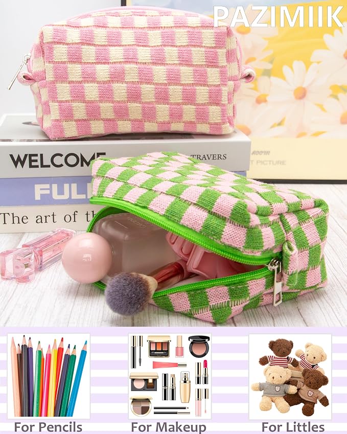 Checkered Makeup Bag for Purse, Small Cosmetic Pouch,Pink Green,6 Pack | Cute Zipper Makeup Organizer for Women, Travel Essentials, Toiletries, Makeup Brushes, Beauty Accessories&Bridesmaid Gifts - Image 5