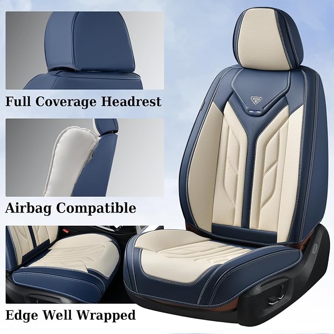 Coverado Car Seat Covers Full Set, Leather Seat Covers for Cars, Waterproof Automotive Seat Covers Car Seat Protectors Car Accessories Universal Fit for Most Sedans SUV Pick-up Truck(Blue&Beige) - Image 5