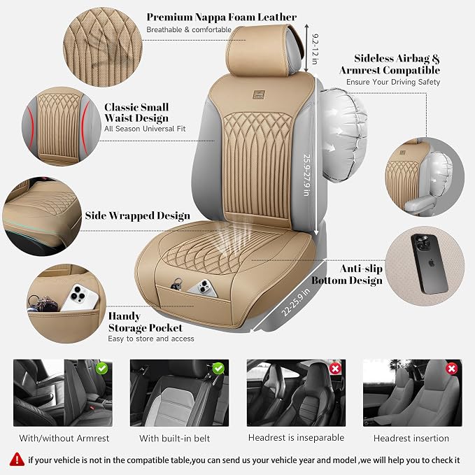 CAR PASS Car Seat Protector, 2 Pack Sideless Nappa Leather Seat Covers for Cars, All Season Waterproof Breathable Front Seats Cushion with Storage Pocket Universal Fit Vehicle Car SUV Truck, All Beige - Image 2