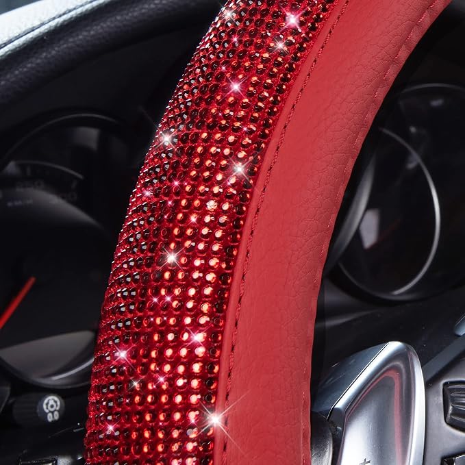 CAR PASS Bling Diamond Leather Steering Wheel Cover, with Bling Sparkly Crystal Glitter Rhinestones Universal Fit 14" 1/2-15" Car Wheel Protect for Women Girl Fit Suvs,Vans,Sedans,Cars,Trucks, Red - Image 3