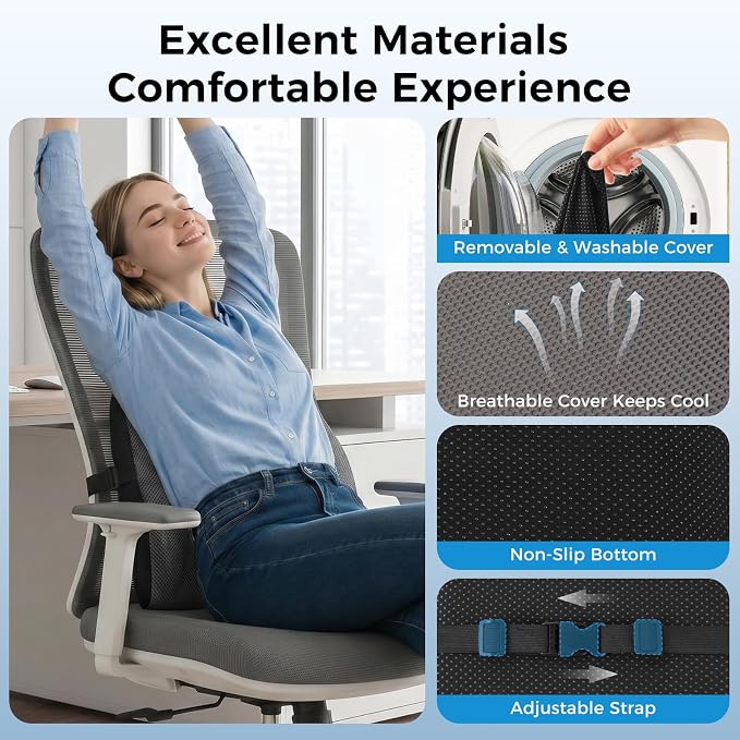 Lumbar Support Pillow for Car & Office Chair - High-Density Memory Foam Back Cushion for Sciatica & Lower Back Pain Relief - Non-Slip Support for Long Commutes & Desk Workers (Gray) - Image 4