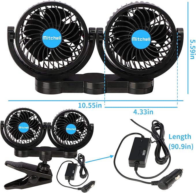 Alagoo 12V Car Fan, Adjustable 4 Inches Dual Head Car Clip Fan for Front/Rear Seat Passenger, 360° Rotatable Cars Fans with Stepless Speed Regulation for Car/Vehicle SUV, RV - Image 6