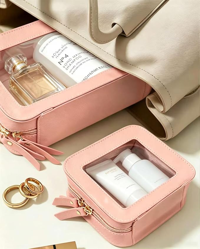KOTORA Clear Makeup Bag Set for Women Portable Clear Make up Bag Cute Waterproof Travel Cosmetic Case Toiletry Pouch for Car Essentials for Women Girls (Pink) - Image 4