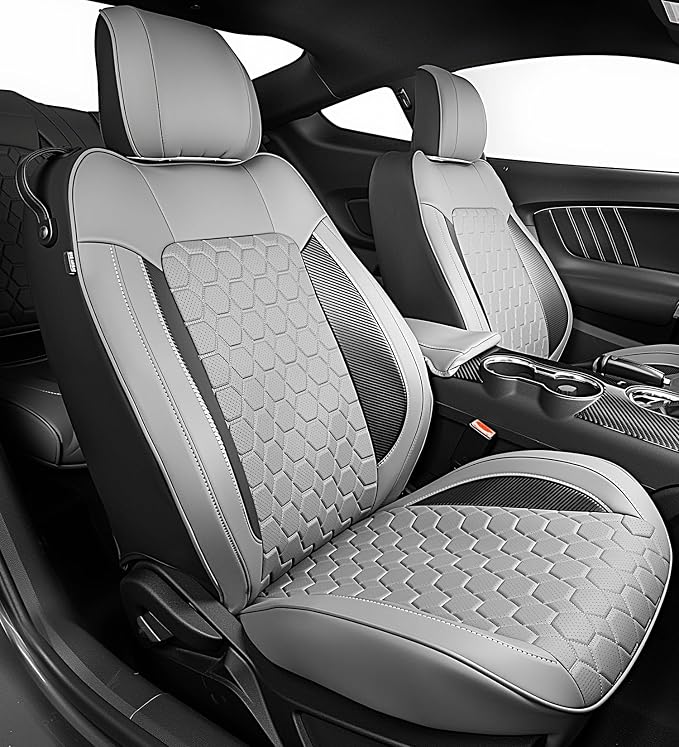 Custom Leather Car Seat Covers for Ford Mustang 2015-2023 Coupe,Gray/Black | Full Coverage Waterproof Car Seat Protector,Front & Rear Full Set,Split Backrest Compatible,Wear-Resistant,Airbag Compatible by Vidokena
