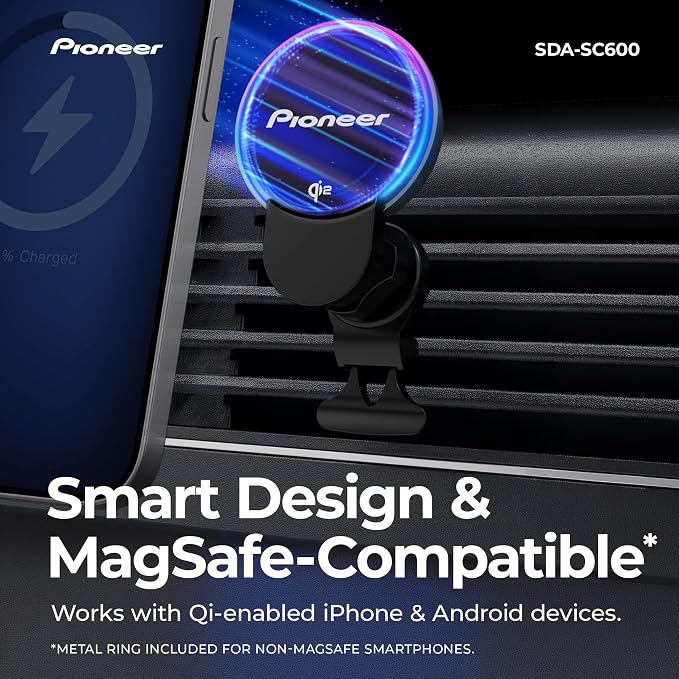 Pioneer Qi2 MagSafe Wireless Car Charger and Phone Mount | MagSafe Compatible, Air Vent Mount, Cooling Fan, RGB Illumination, Includes Metal Ring - Image 3