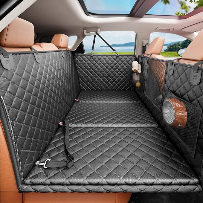 REEVAA 2.0 Hard Bottom Back Seat Cover for Large Dogs, L, Black | Foam Padding, 600 lbs Extender, 45% More Space for Large Dogs, Waterproof, Zippered Mesh Window, Fits SUVs & Small Trucks by REEVAA