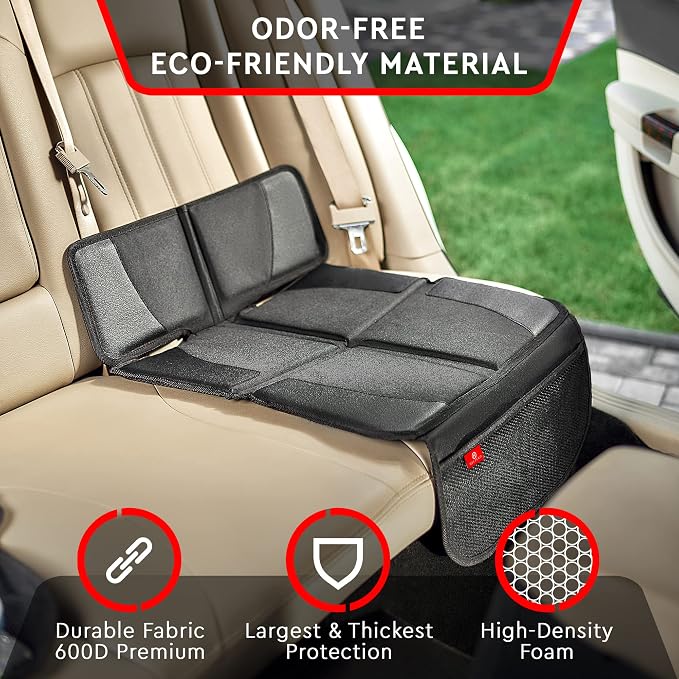 Helteko Car Seat Protector, 2 Pack Seat Protection Mat with Thick Padding, Durable Waterproof Fabric, Leather Reinforced Corners and Mesh Pockets - Image 2