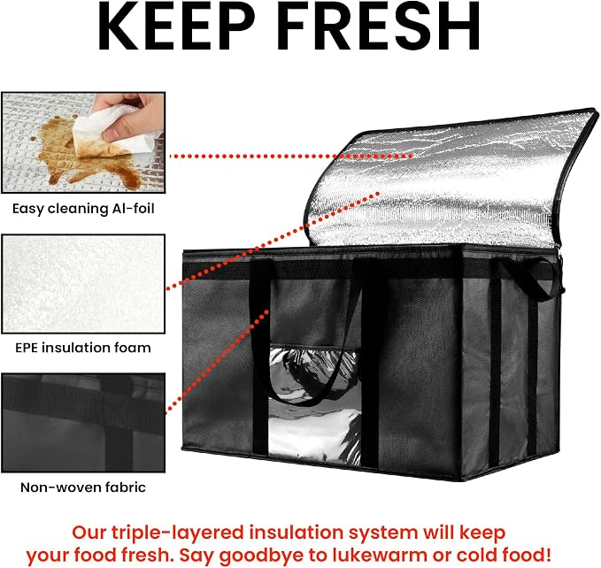 NZ home Insulated Food Bag, Portable Cooler Tote (3XL, Black, 10 Pack) | Large thermal bag, For cold & hot food, Soft sided cooler, Heavy duty carrier, Grocery shopping, Food delivery, Catering bag - Image 4