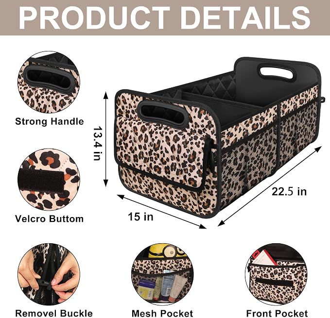 Deosk Trunk Organizer for SUV, Car Organizers and Storage with Reinforced Handles, Car Accessories for Women/Men - Large, Leopard Print - Image 3