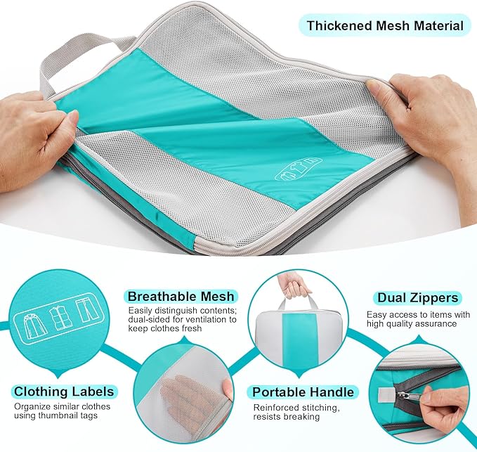 OlarHike 10 Set Compression Packing Cubes for Travel Essentials,Compressible Expandable Space Saver Bags for Organizing Clothes,Luggage Suitcase Garment Bags with Over 1000 pcs Mesh Holes(Blue Green) - Image 6