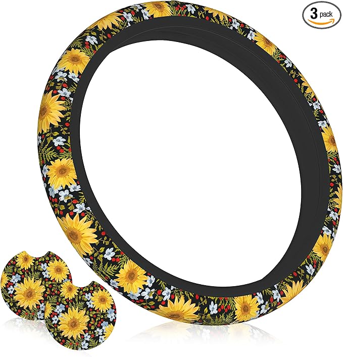 Steering Wheel Cover Sunflower Car Accessories + 2 Pieces Coasters | Universal 14-15 Inch Neoprene Auto Interior Decor Anti Slip Car Protector for Women Men by Unknown
