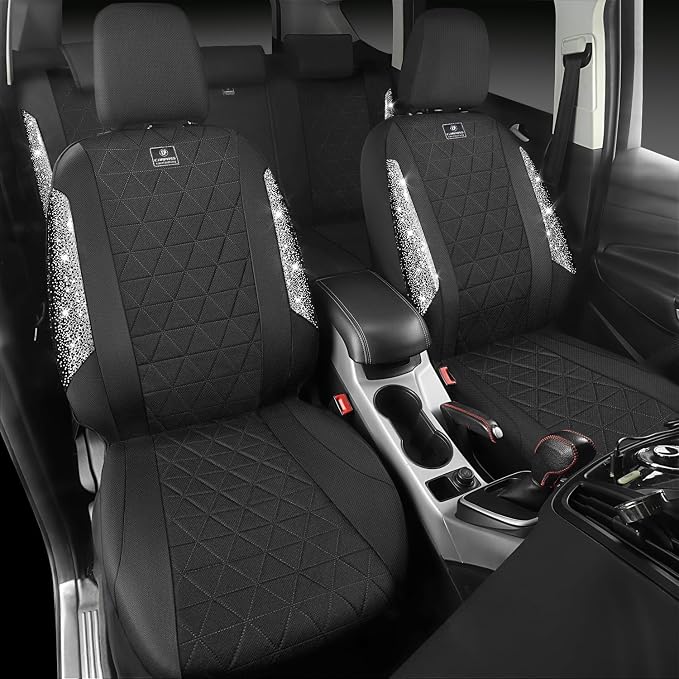 CAR PASS Oxford Bling Diamond Car Seat Covers 2 Front Interior Sets, Waterproof Shining Glitter Sparkly Crystal Universal Armrest Fit 95% Automotive Truck SUV Cute Women Girl, Black Silver Rhinestone - Image 9