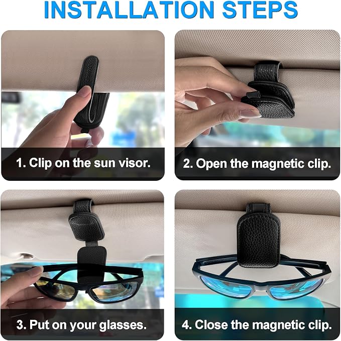 LTOHOE 2 Pack Sunglass Holder for Car, Magnetic Leather Sunglasses Holder and Ticket Card Clip, Universal for Different Size Glasses, Car Visor Accessories(Black) - Image 2
