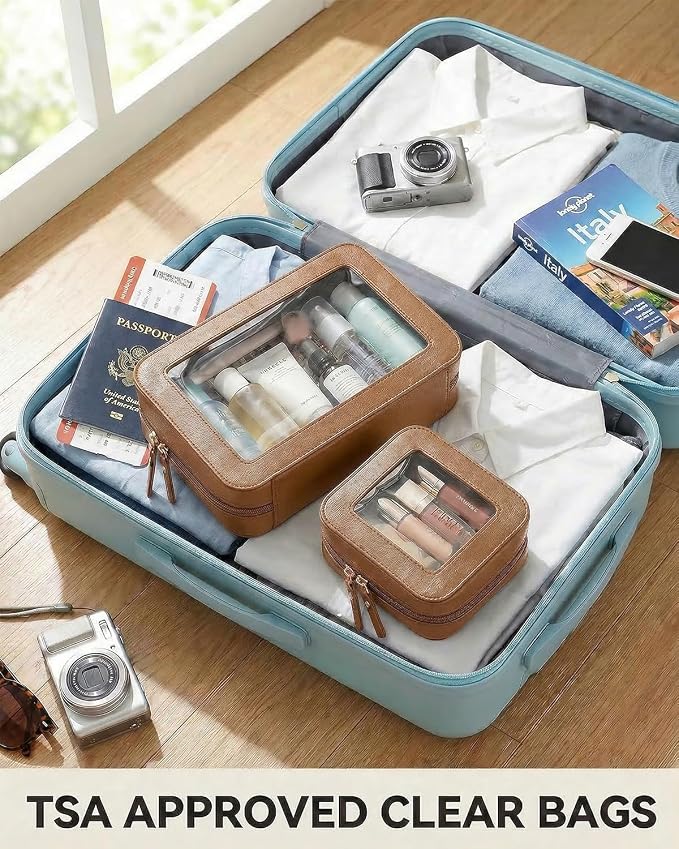 Clear Makeup Bag Organizer Set, Travel Toiletry Bag Cosmetic Case for Women, Portable Make up Skincare Pouch Car Organizer Bag with Zippers for Essentials (2Pack-Standard & Square, Brown) - Image 5