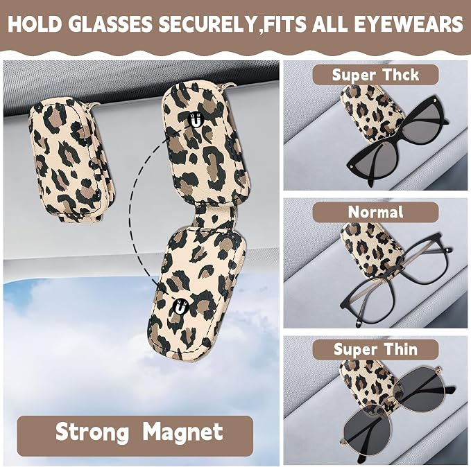 2 Pcs Sunglass Holder and 1Pcs Car Tissue Holder for Car,Magnetic Leather Sunglasses Holder Car Sun Visor Glasses Hanger Clip,Car Interior Accessories for Women(Light Brown Leopard Print) - Image 6