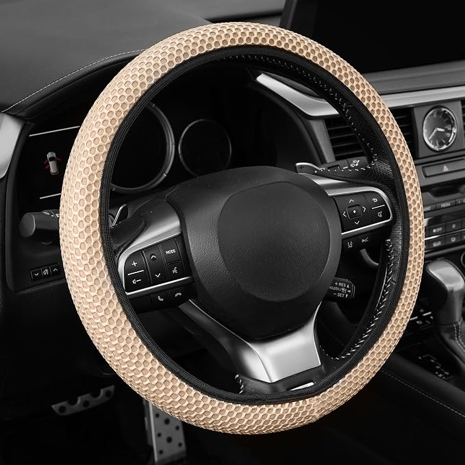 Alpmosn Elastic Stretch Steering Wheel Cover, Breathable Microfiber Ice Silk, Anti-Slip, Car Interior Accessories Fits for 14"-15" Steering Wheel Covers for Women & Men(Beige) by alpmosn