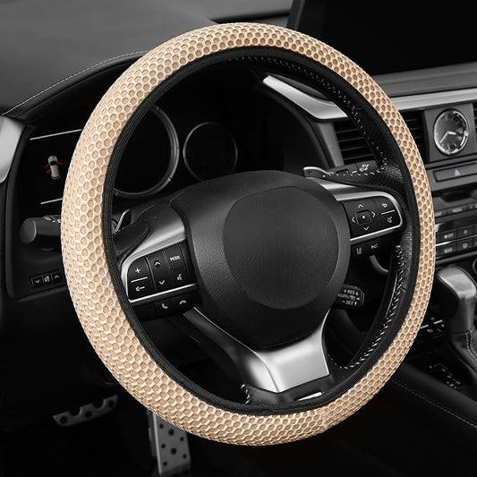 Alpmosn Elastic Stretch Steering Wheel Cover, Breathable Microfiber Ice Silk, Anti-Slip, Car Interior Accessories Fits for 14"-15" Steering Wheel Covers for Women & Men(Beige) by alpmosn